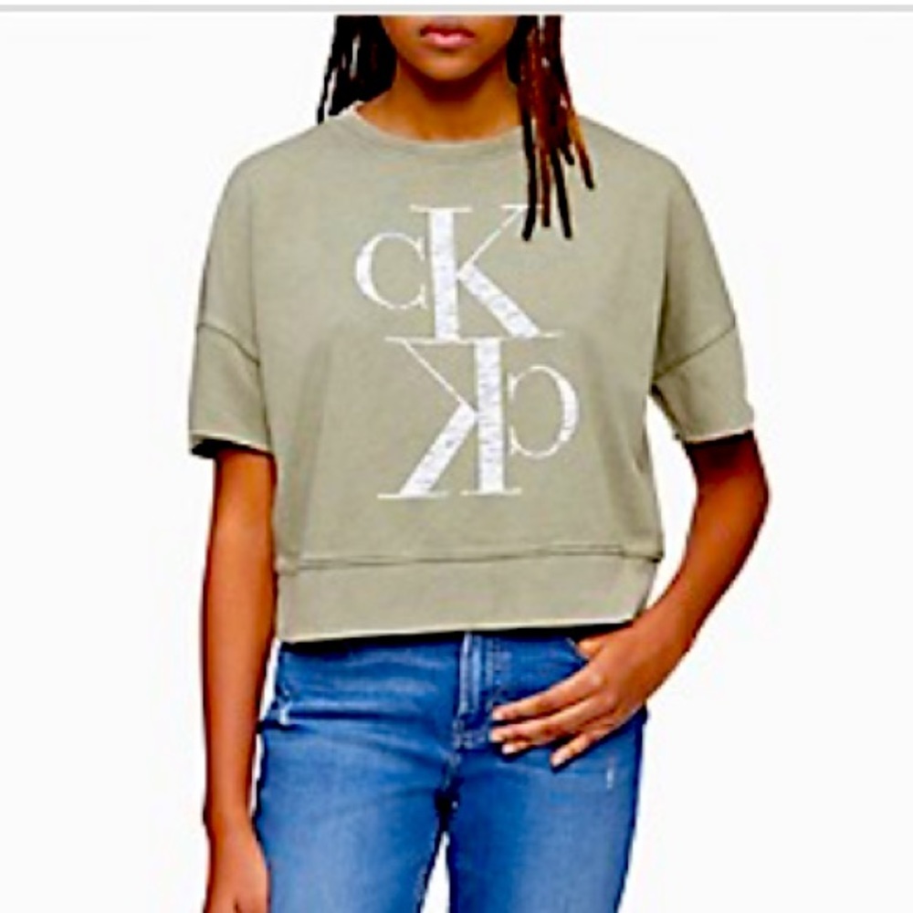 Calvin Klein Distressed Mirror Monogram Logo Short Sleeve Sweatshirt Green SMALL